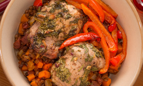 Chermoula Chicken with Chorizo Lentils and Roasted Peppers