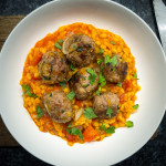 Minty Lamb and Apricot Meatballs with Tomato Pearl Barley Risotto