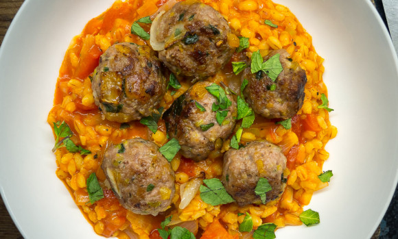 Minty Lamb and Apricot Meatballs with Tomato Pearl Barley Risotto